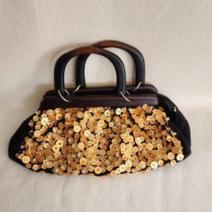 Black Cloth HOBO Bag with Gold Flower Shapped Sequins and Beads